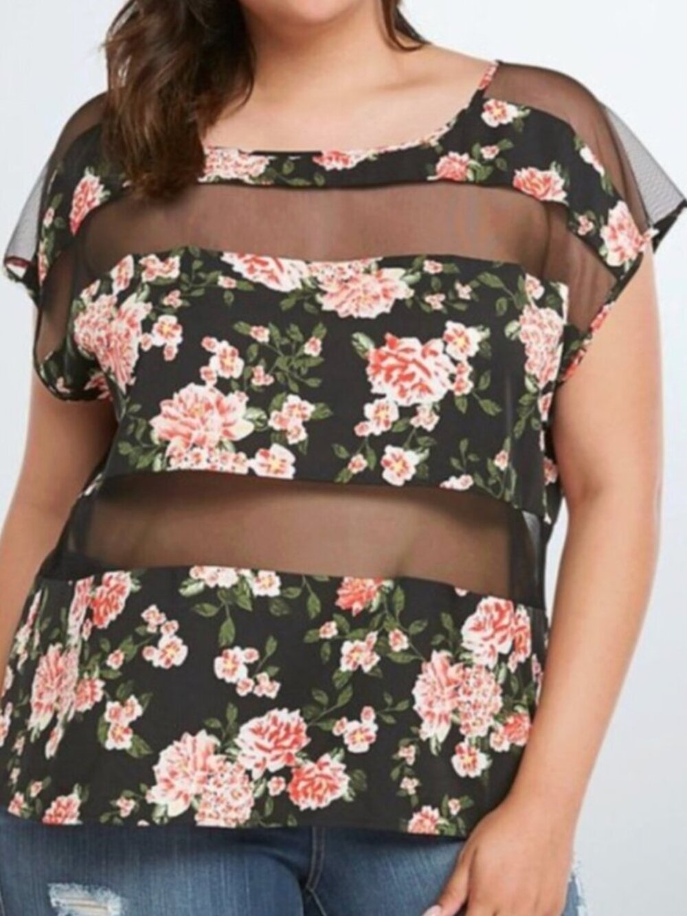 TORRID 0 Plus Size Floral Mesh Panel Top Black Pink Red Striped Whimsigoth 2010s
